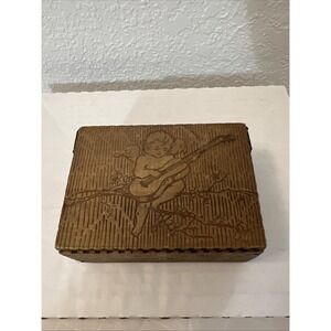 Vintage Old Pyrography Burnt Wood Jewelry Dresser Box Cherub Guitar 4.25 X 3 X 2